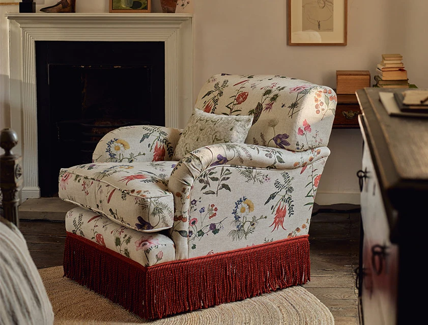 Kentwell Ladies Chair in RHS Collection Caroline Maria Applebee Collage Wildflowers with fringe in Sophie Bullion Currant_tablet